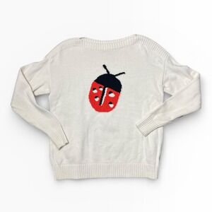 Loft White Cotton Ladybug Graphic Knit Sweater Womens XS Long Sleeve Pullover